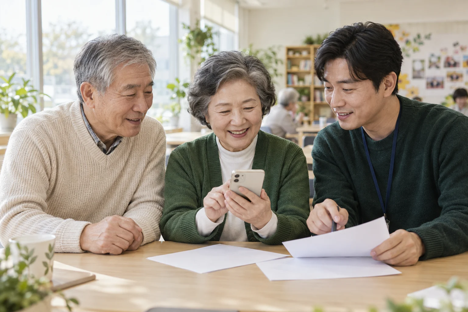 스마트폰과 서류를 함께 살펴보며 서로의 이야기를 듣는 시니어와 이웃